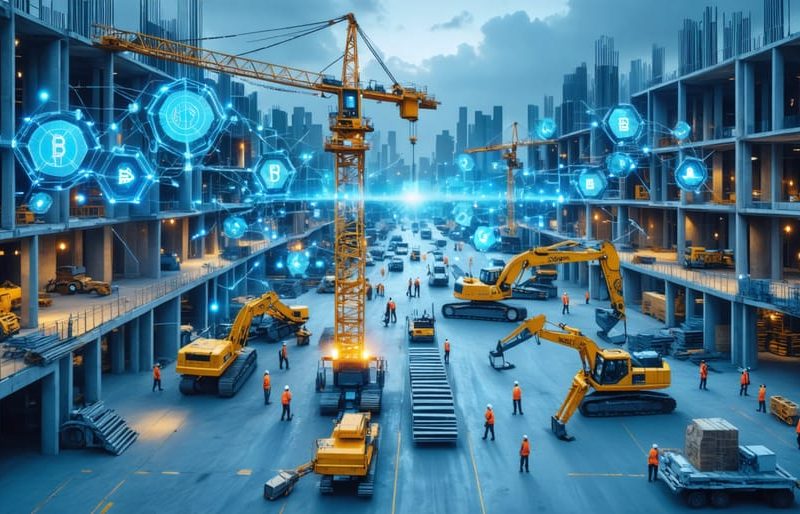 Futuristic depiction of blockchain technology intertwined with a construction site, illustrating the revolution in transparency, efficiency, and trust.