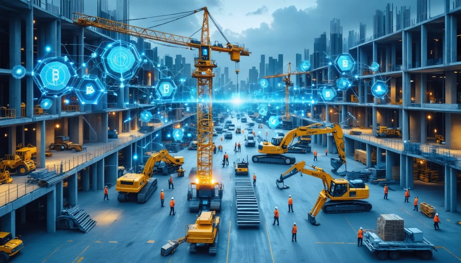 Futuristic depiction of blockchain technology intertwined with a construction site, illustrating the revolution in transparency, efficiency, and trust.