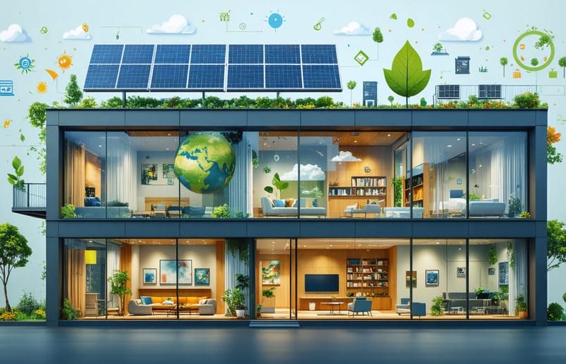 Illustration of a commercial building being retrofitted with energy-efficient features such as solar panels, smart HVAC systems, and upgraded windows to reduce energy costs.