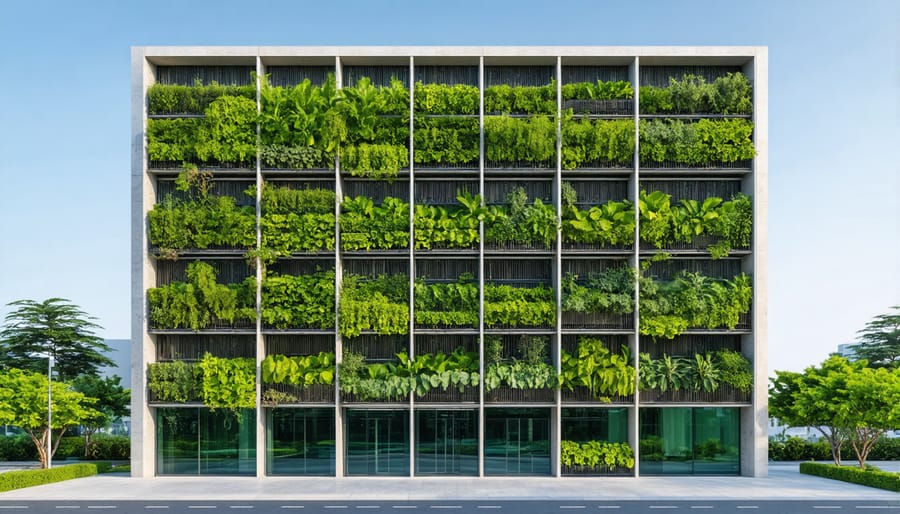 Green wall on a contemporary building exterior, with lush vegetation