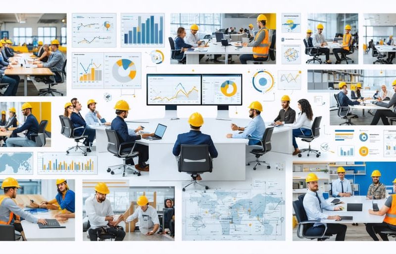 A comprehensive collage depicting various elements of a construction communication plan, highlighting digital project management tools, organized documents, and team meetings to symbolize effective communication and collaboration.