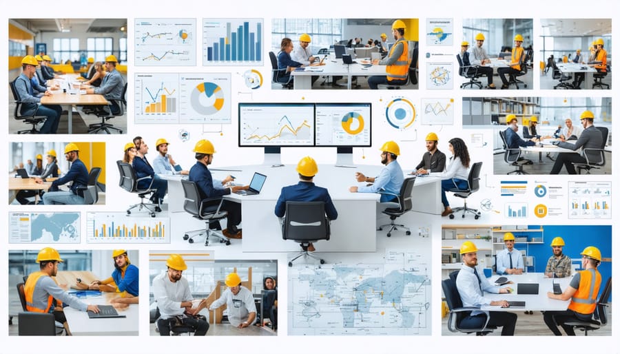 A comprehensive collage depicting various elements of a construction communication plan, highlighting digital project management tools, organized documents, and team meetings to symbolize effective communication and collaboration.