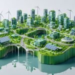 Futuristic cityscape highlighting modular green buildings and sustainable construction, symbolizing the circular economy.