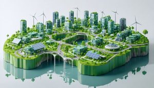 Futuristic cityscape highlighting modular green buildings and sustainable construction, symbolizing the circular economy.