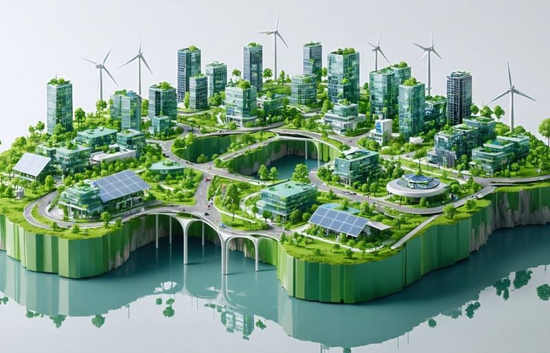 Futuristic cityscape highlighting modular green buildings and sustainable construction, symbolizing the circular economy.