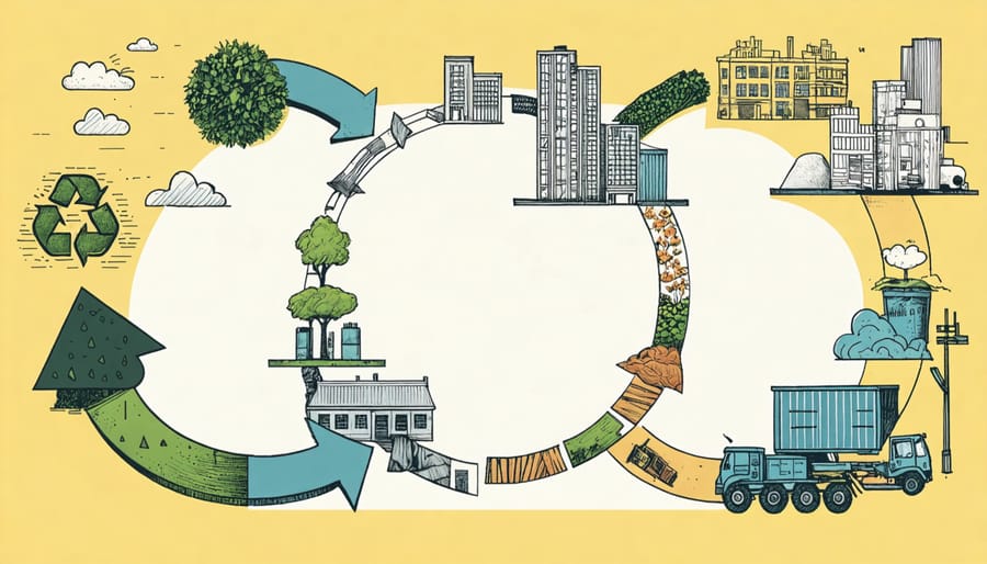 Conceptual diagram of the circular construction process, emphasizing material reuse and recycling