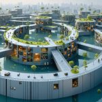 An artistic representation of circular construction showing a futuristic city where buildings are constructed with modular components designed for easy disassembly and reuse, symbolizing the circular economy in the construction industry.