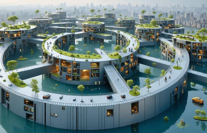 An artistic representation of circular construction showing a futuristic city where buildings are constructed with modular components designed for easy disassembly and reuse, symbolizing the circular economy in the construction industry.