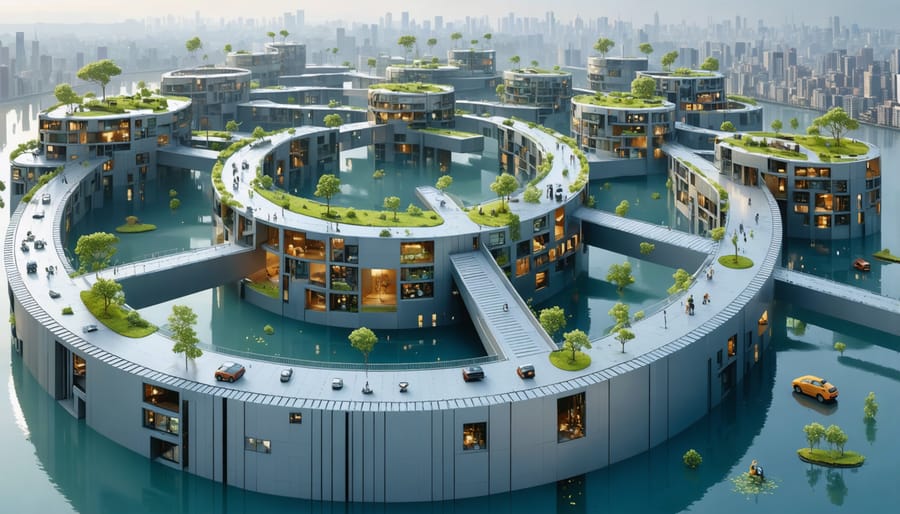 An artistic representation of circular construction showing a futuristic city where buildings are constructed with modular components designed for easy disassembly and reuse, symbolizing the circular economy in the construction industry.