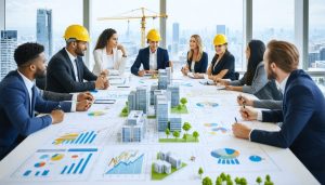 Diverse construction professionals collaborating around a roundtable, symbolizing joint industry committees' role in advancing the construction sector.