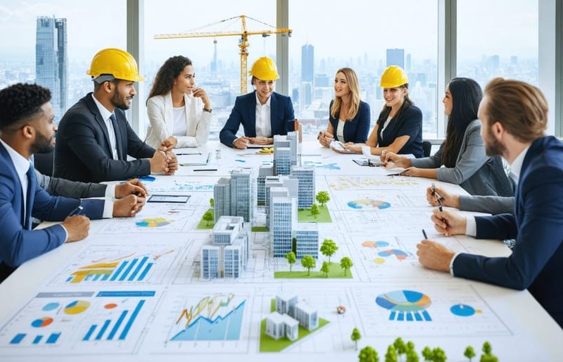 Diverse construction professionals collaborating around a roundtable, symbolizing joint industry committees' role in advancing the construction sector.