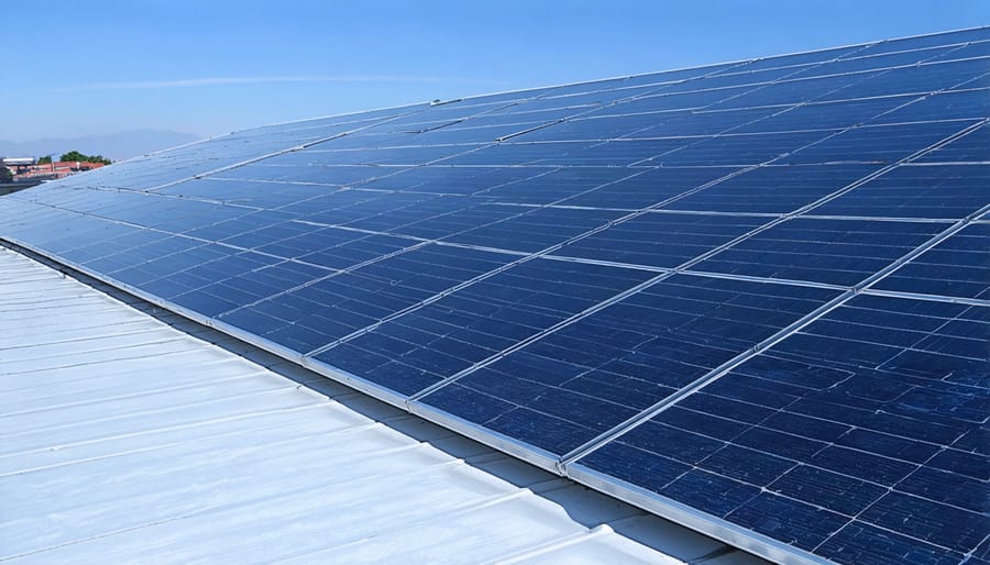 Array of photovoltaic solar panels installed on a flat commercial rooftop