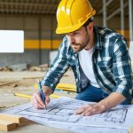 A contractor confidently reviewing blueprints at a construction site, surrounded by essential tools and partially built structures, symbolizing the pride and precision of DIY building projects.