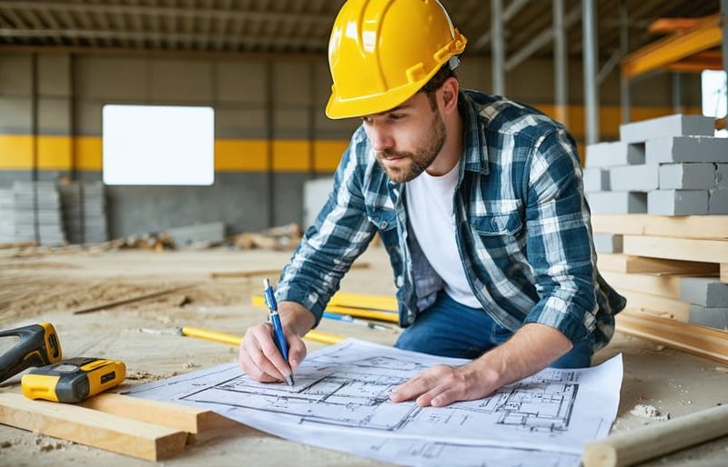 A contractor confidently reviewing blueprints at a construction site, surrounded by essential tools and partially built structures, symbolizing the pride and precision of DIY building projects.