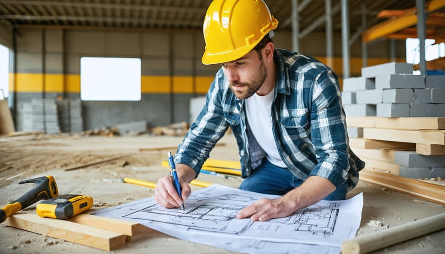 A contractor confidently reviewing blueprints at a construction site, surrounded by essential tools and partially built structures, symbolizing the pride and precision of DIY building projects.