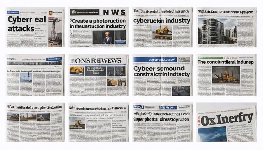 Collection of news headlines about cyber attacks on construction companies