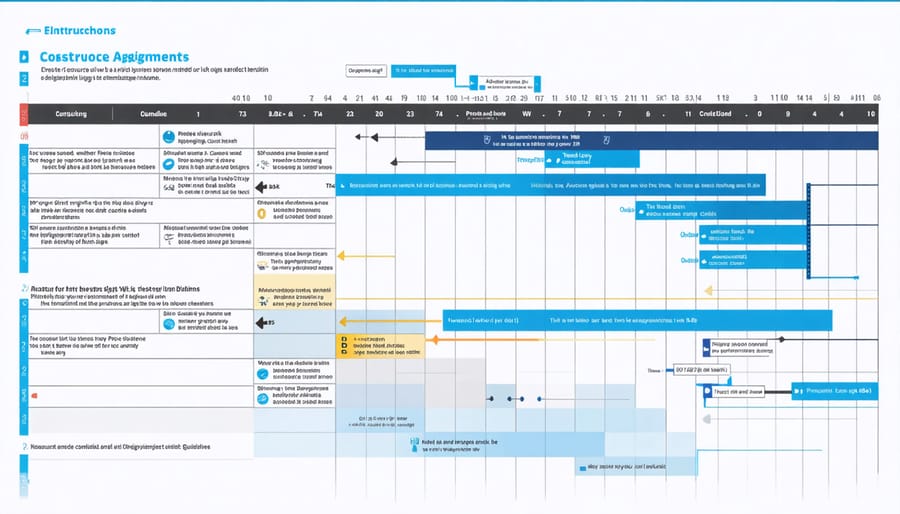 Gantt chart depicting a construction project timeline with resource allocations