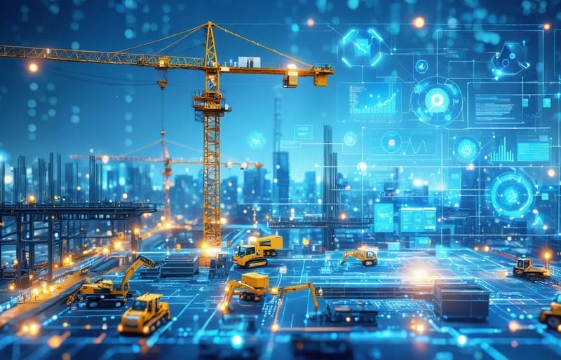 Conceptual illustration of a futuristic construction site with holographic data interfaces, representing AI and blockchain integration in procurement.