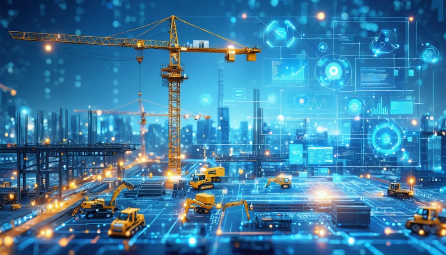 Conceptual illustration of a futuristic construction site with holographic data interfaces, representing AI and blockchain integration in procurement.