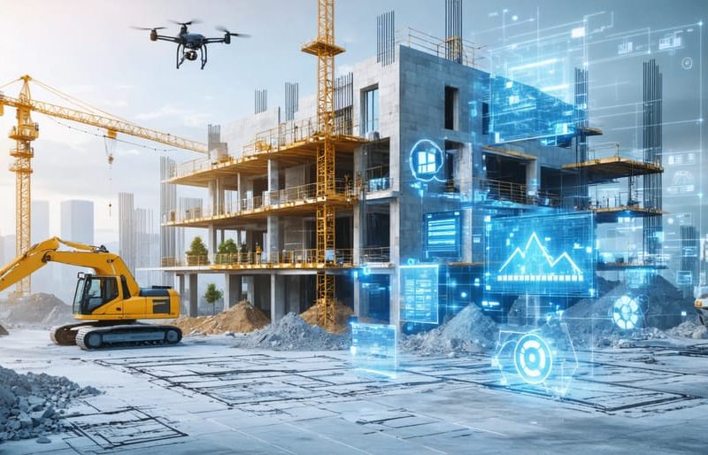 A construction site integrated with digital technology, featuring a blend of physical structures and holographic digital elements representing Building Information Modeling, drones, and advanced analytics.