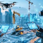 A futuristic construction site with digital technologies in action, including drones, BIM models, VR headsets, and IoT-equipped machinery, depicting the industry's digital revolution.