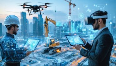 A futuristic construction site with digital technologies in action, including drones, BIM models, VR headsets, and IoT-equipped machinery, depicting the industry's digital revolution.