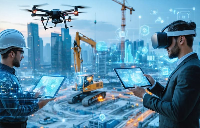 A futuristic construction site with digital technologies in action, including drones, BIM models, VR headsets, and IoT-equipped machinery, depicting the industry's digital revolution.