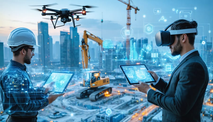 A futuristic construction site with digital technologies in action, including drones, BIM models, VR headsets, and IoT-equipped machinery, depicting the industry's digital revolution.