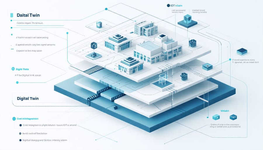 Layered architectural diagram of digital twin components and their interconnections