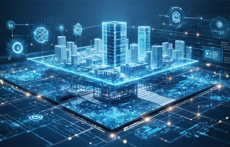 A multi-layered visual of a digital twin system for construction projects, showing interconnected IoT sensors, a 3D digital building model, and data streams representing real-time connectivity and technology integration.