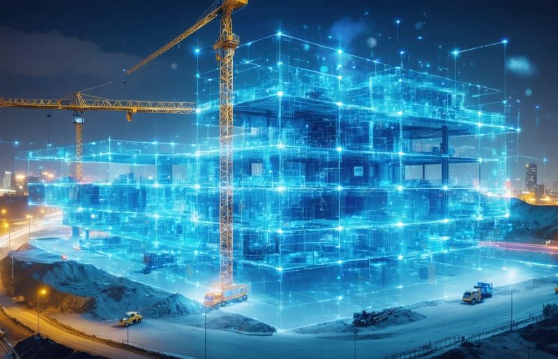 A futuristic construction site with a semi-transparent digital model overlay, symbolizing the integration and benefits of digital twin technology in construction projects.