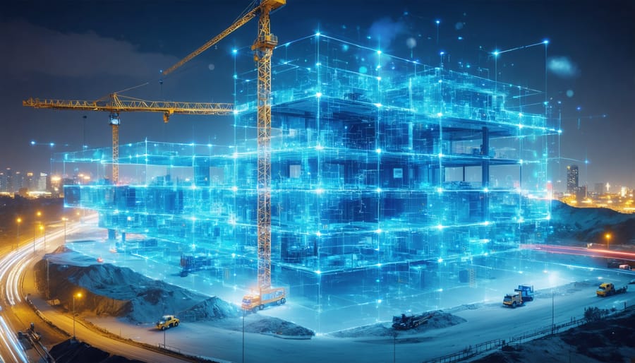 A futuristic construction site with a semi-transparent digital model overlay, symbolizing the integration and benefits of digital twin technology in construction projects.