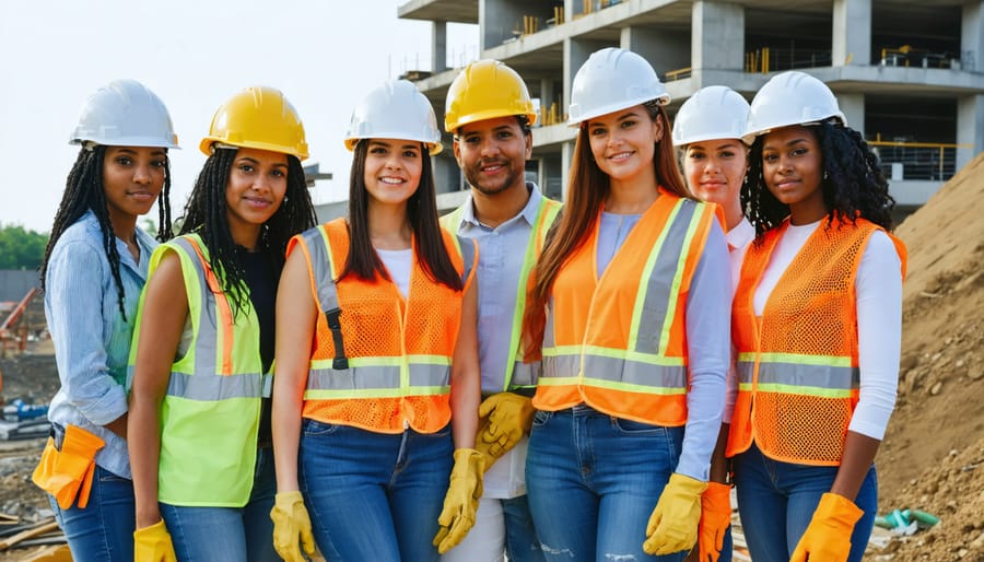 A diverse team of construction workers, composed of different genders and ethnicities, collaborating on a building project, representing inclusivity and innovation in the construction industry.