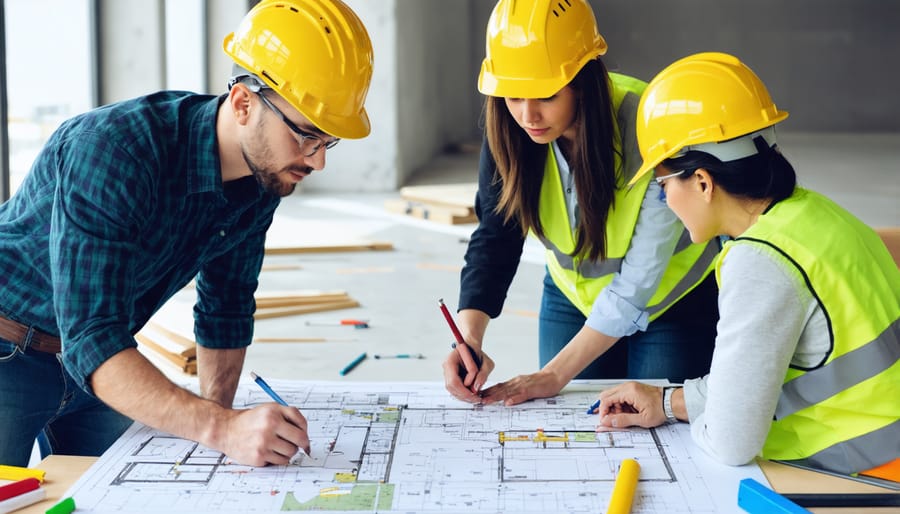 Group of construction workers from various backgrounds working together