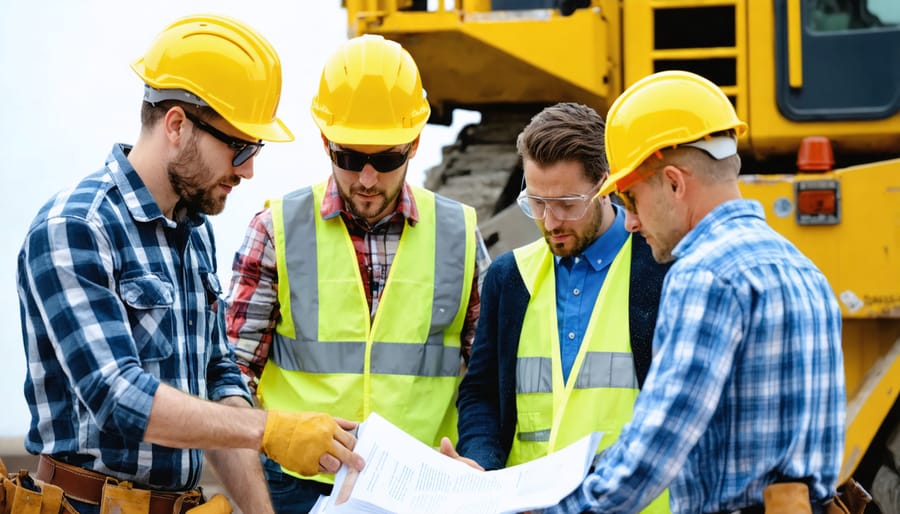 Diverse team of construction professionals working together