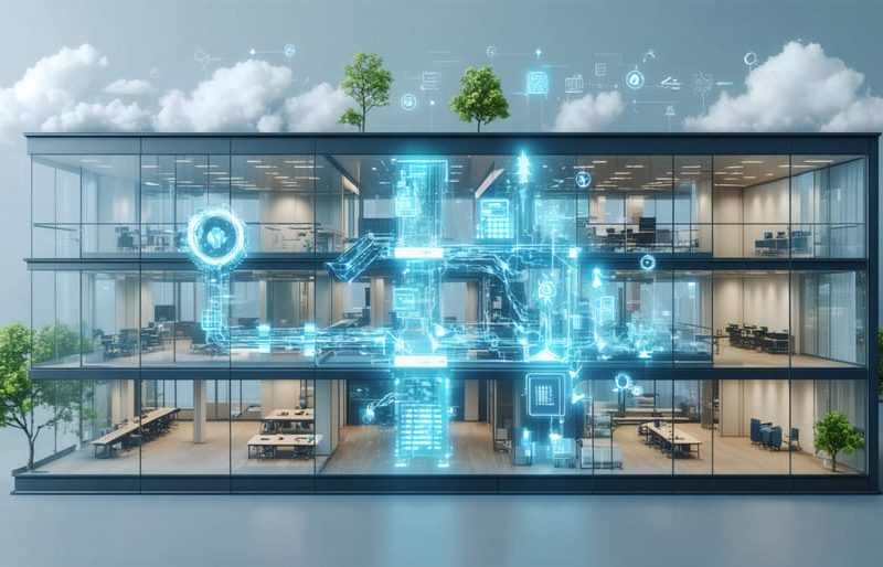 Illustration of an office building using energy recovery ventilators to enhance indoor air quality and efficiency, with visual elements indicating airflow and energy savings.