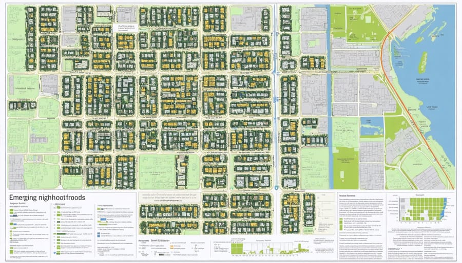 Map of a city with emerging neighborhoods marked for their growth potential