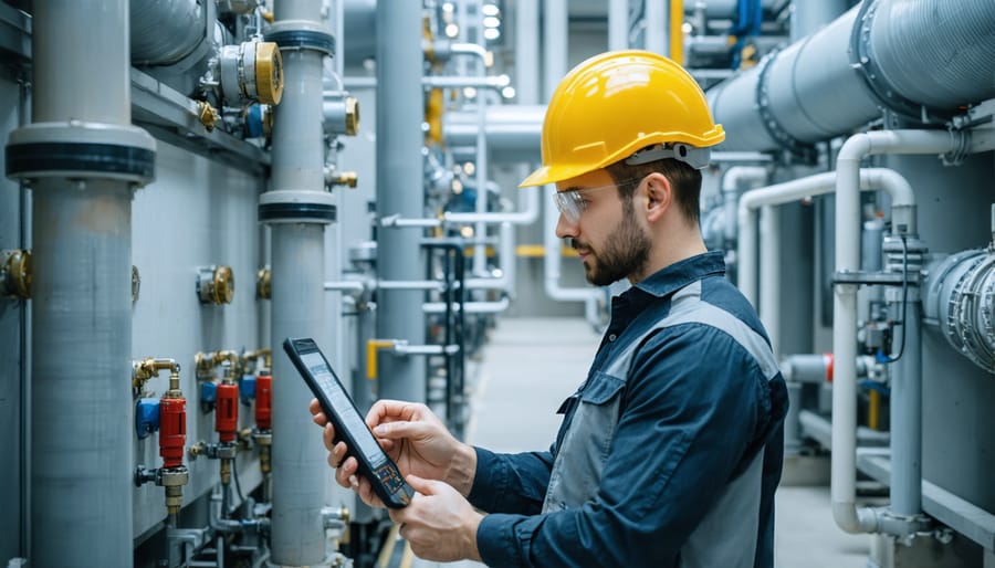 Professional energy auditor examining HVAC equipment during a building audit