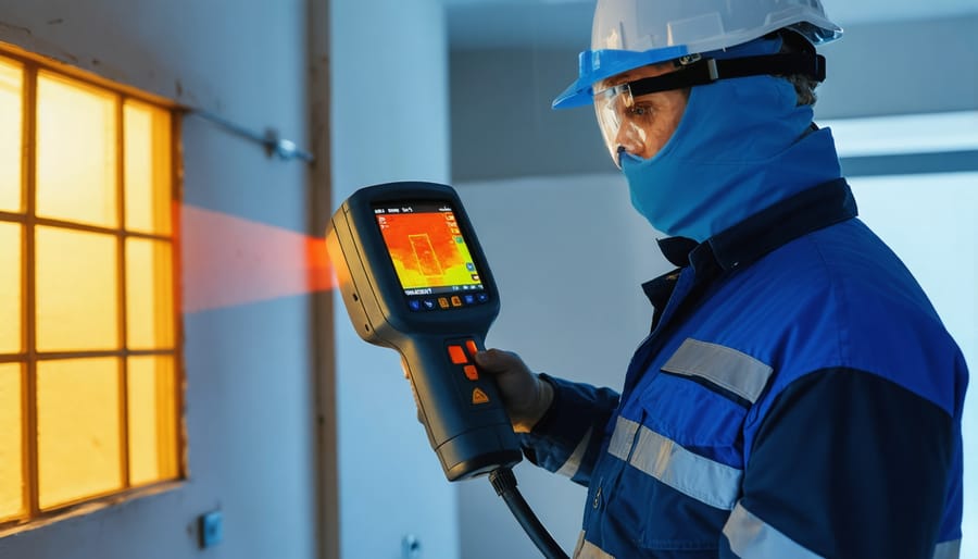 Energy auditor conducting thermal imaging scan to identify building inefficiencies