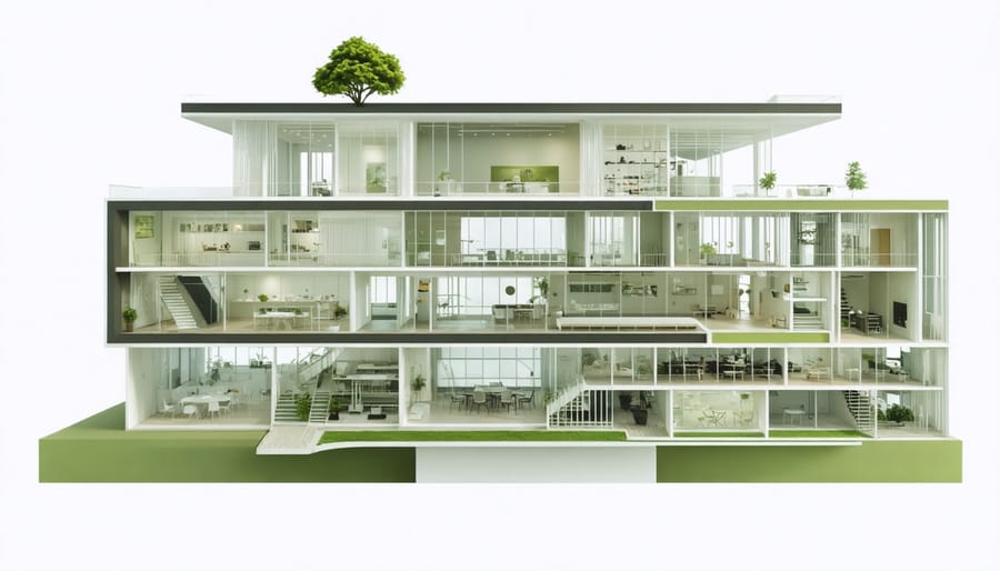 Diagram illustrating energy-efficient building design and sustainable materials