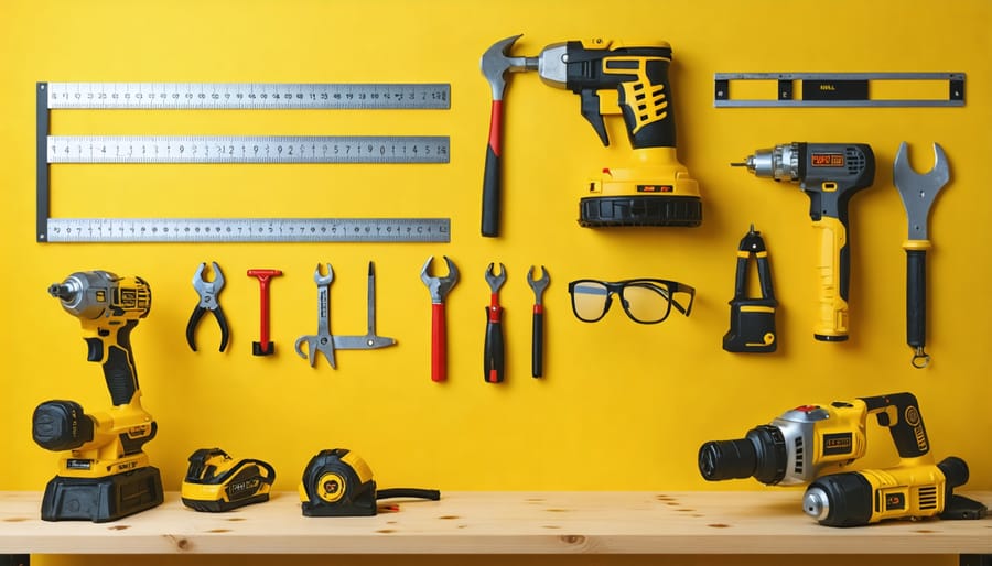 Well-organized construction workbench with labeled safety equipment and essential tools