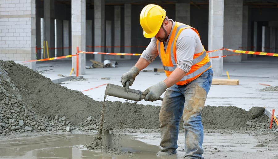 Worker pouring sustainable Ferrock concrete during construction