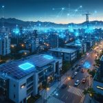 Futuristic cityscape at dawn, featuring buildings with solar panels, electric vehicles, and digital connections symbolizing the integration of smart grid technology.