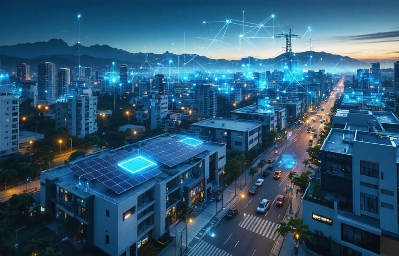 Futuristic cityscape at dawn, featuring buildings with solar panels, electric vehicles, and digital connections symbolizing the integration of smart grid technology.