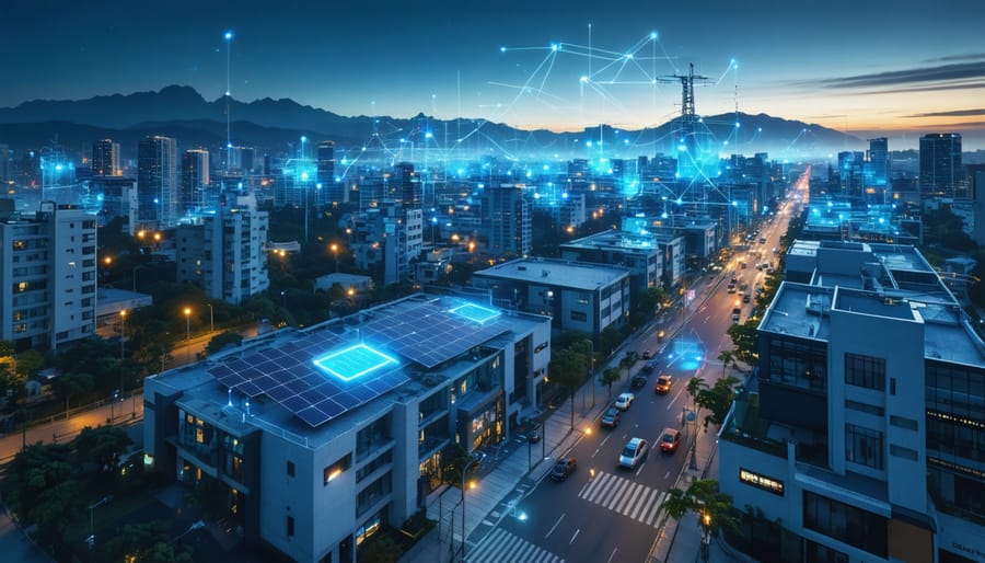 Futuristic cityscape at dawn, featuring buildings with solar panels, electric vehicles, and digital connections symbolizing the integration of smart grid technology.