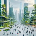 A futuristic cityscape illustrating urban resilience with green terraces, vertical gardens, smart infrastructure, and diverse community engagement in a public space, conveying innovation and sustainability.