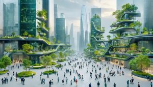 A futuristic cityscape illustrating urban resilience with green terraces, vertical gardens, smart infrastructure, and diverse community engagement in a public space, conveying innovation and sustainability.