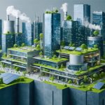 Futuristic urban landscape showcasing skyscrapers incorporating CO2 energy storage systems, solar panels, and green rooftops, emphasizing sustainable construction practices.