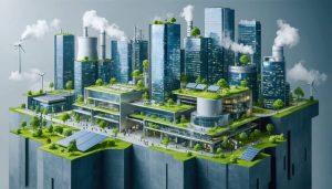 Futuristic urban landscape showcasing skyscrapers incorporating CO2 energy storage systems, solar panels, and green rooftops, emphasizing sustainable construction practices.