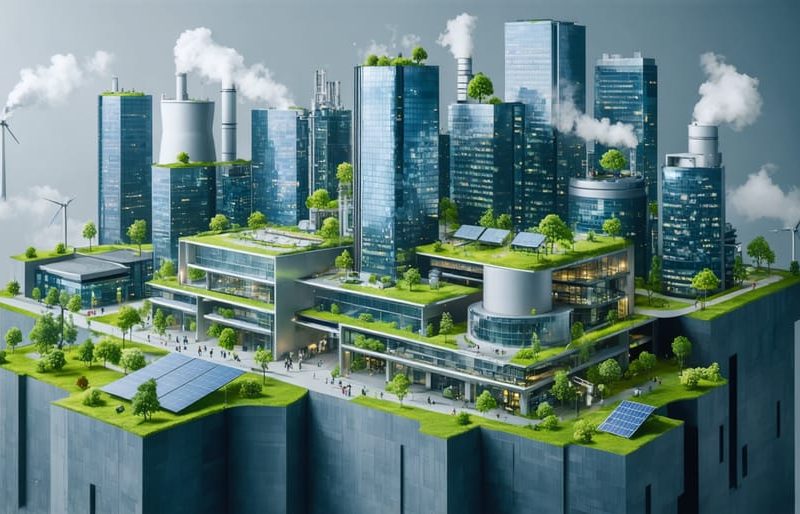 Futuristic urban landscape showcasing skyscrapers incorporating CO2 energy storage systems, solar panels, and green rooftops, emphasizing sustainable construction practices.